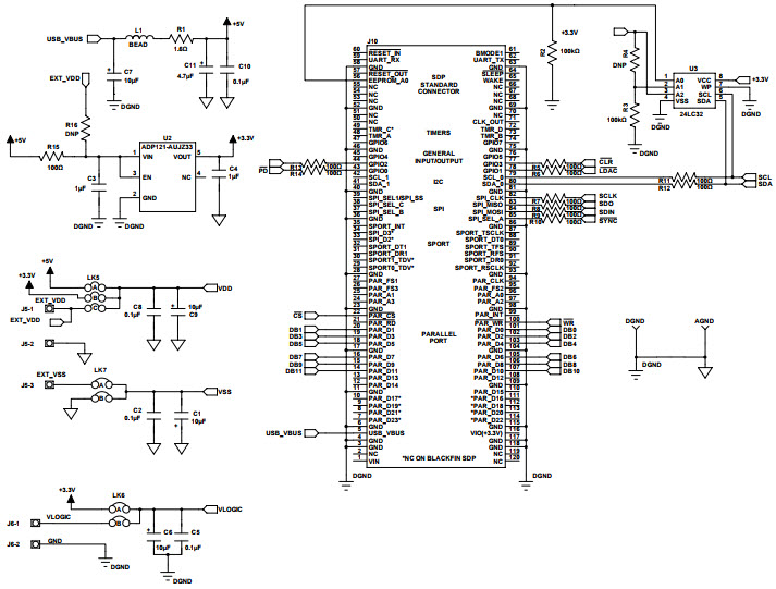 EVAL-MBnanoDAC-SDZ Motherboard, SDP-B Controller Board Connector, Power Supply (Sheet 2 of 6)